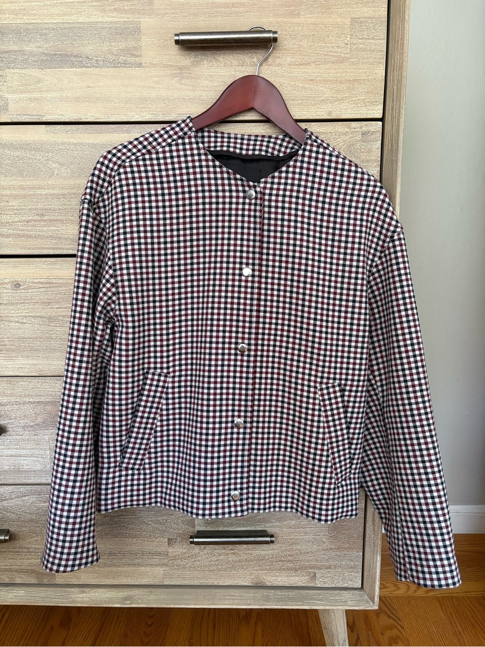 Madewell Women's Checkered Button-Front Blazer Jacket in Navy and Burgundy.